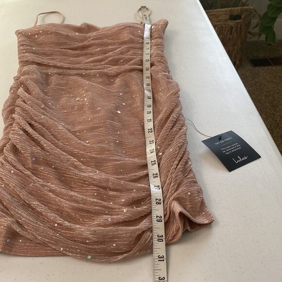 Lulus Flirty Vibes Mauve Pink Sparkly Ruched Bodycon Mini Dress Sleeveless - Picture 11 of 16